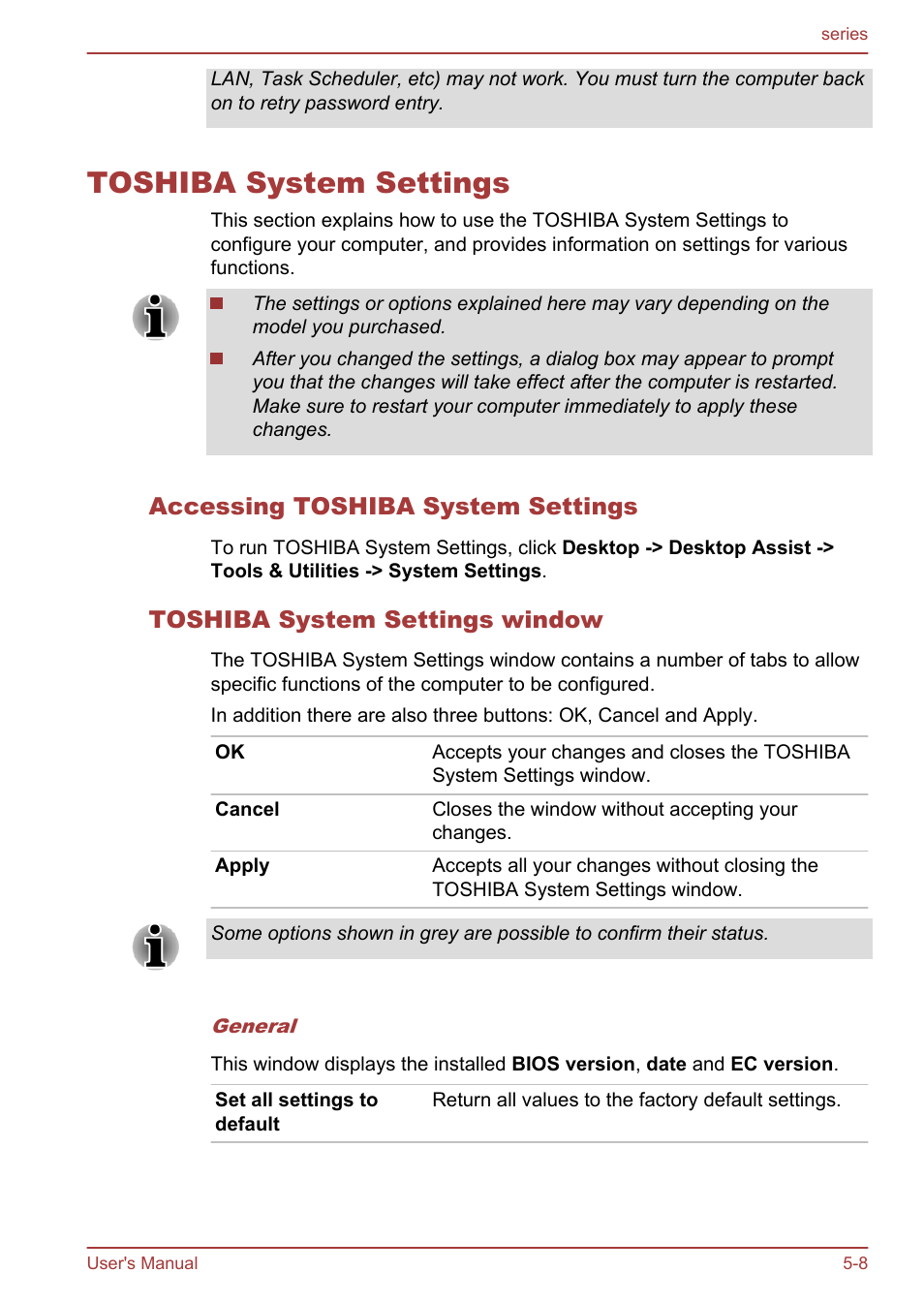 Toshiba system settings, Accessing toshiba system settings, Toshiba system settings window | Toshiba system settings -8, Toshiba, System settings, Section | Toshiba Satellite L955D User Manual | Page 109 / 142