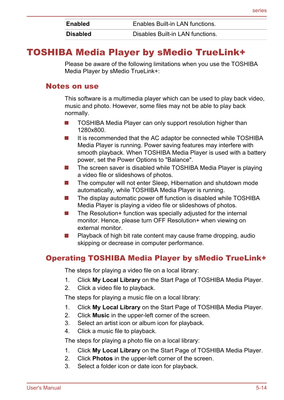 Toshiba media player by smedio truelink, Notes on use, Operating toshiba media player by smedio truelink | Toshiba media player by smedio truelink+ -14 | Toshiba Satellite L955D User Manual | Page 115 / 142