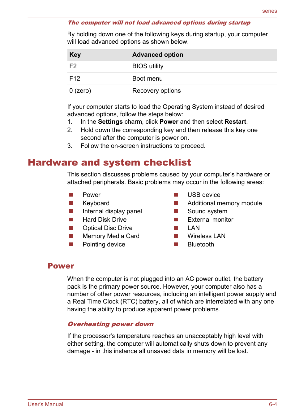 Hardware and system checklist, Power, Hardware and system checklist -4 | Toshiba Satellite L955D User Manual | Page 124 / 142