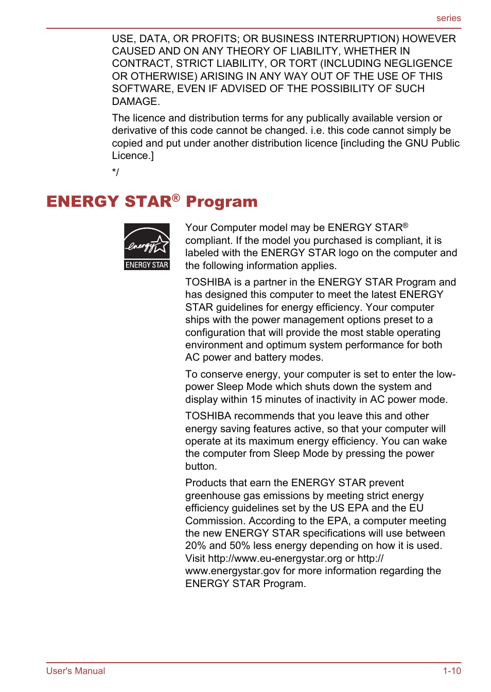 Energy star® program, Energy star® program -10, Energy star | Program | Toshiba Satellite L955D User Manual | Page 13 / 142