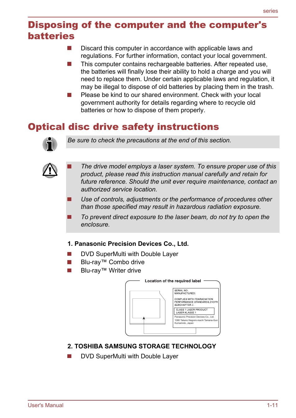 Optical disc drive safety instructions | Toshiba Satellite L955D User Manual | Page 14 / 142