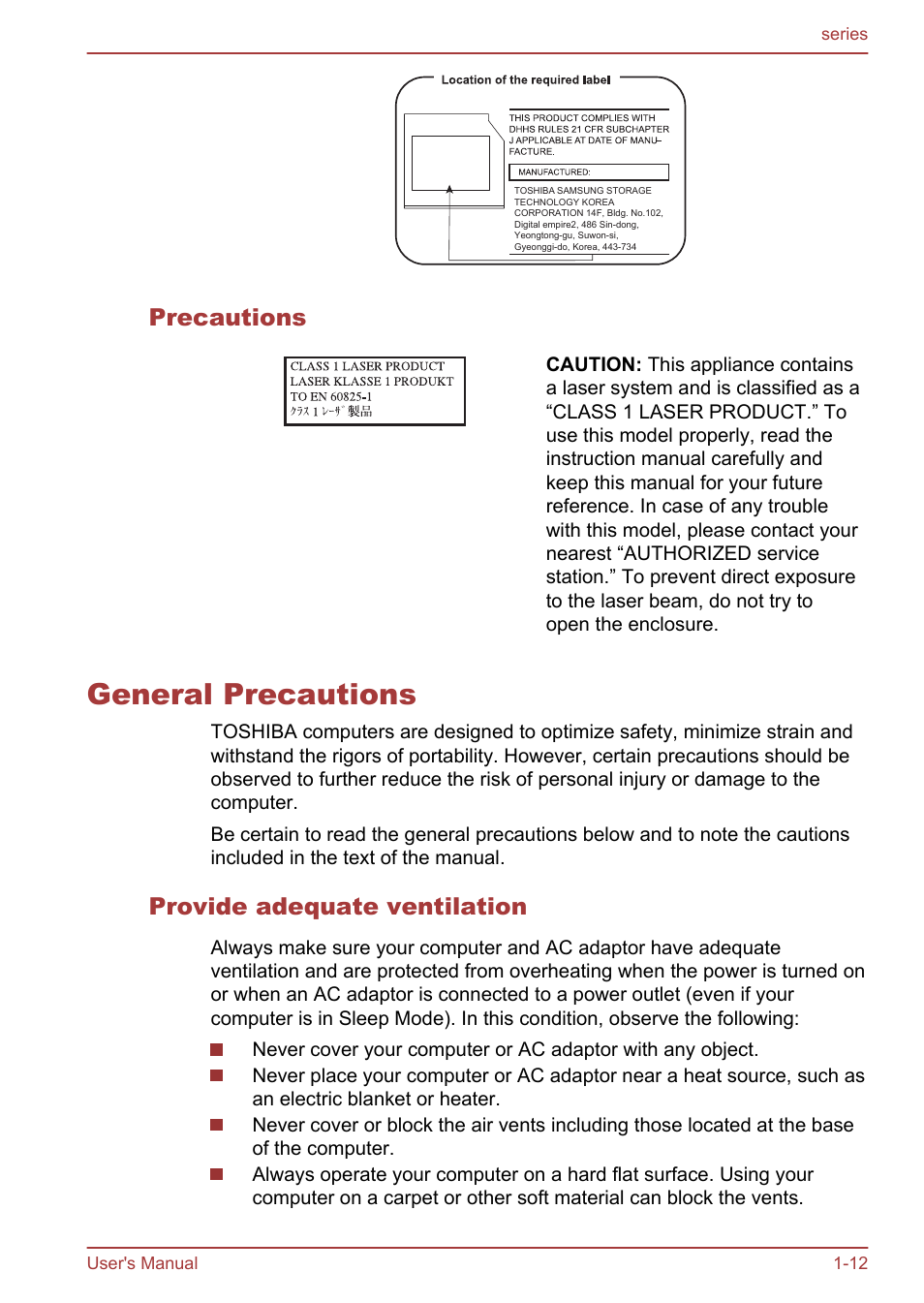 Precautions, General precautions, Provide adequate ventilation | General precautions -12 | Toshiba Satellite L955D User Manual | Page 15 / 142