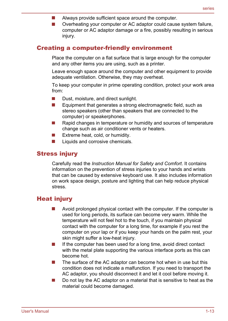 Creating a computer-friendly environment, Stress injury, Heat injury | Toshiba Satellite L955D User Manual | Page 16 / 142