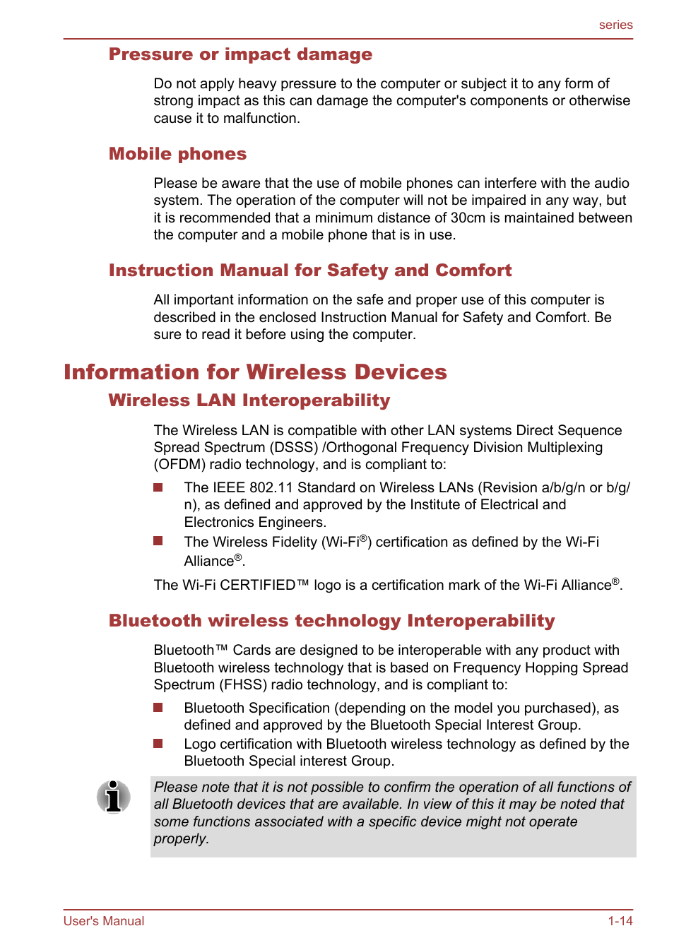 Pressure or impact damage, Mobile phones, Instruction manual for safety and comfort | Information for wireless devices, Wireless lan interoperability, Bluetooth wireless technology interoperability, Information for wireless devices -14 | Toshiba Satellite L955D User Manual | Page 17 / 142