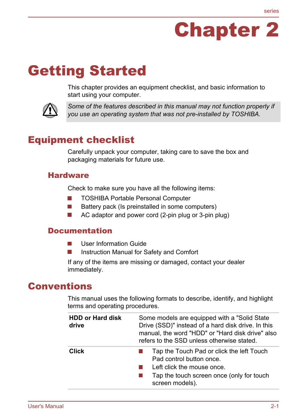 Chapter 2 getting started, Equipment checklist, Hardware | Documentation, Conventions, Chapter 2, Getting started, Equipment checklist -1 conventions -1 | Toshiba Satellite L955D User Manual | Page 29 / 142