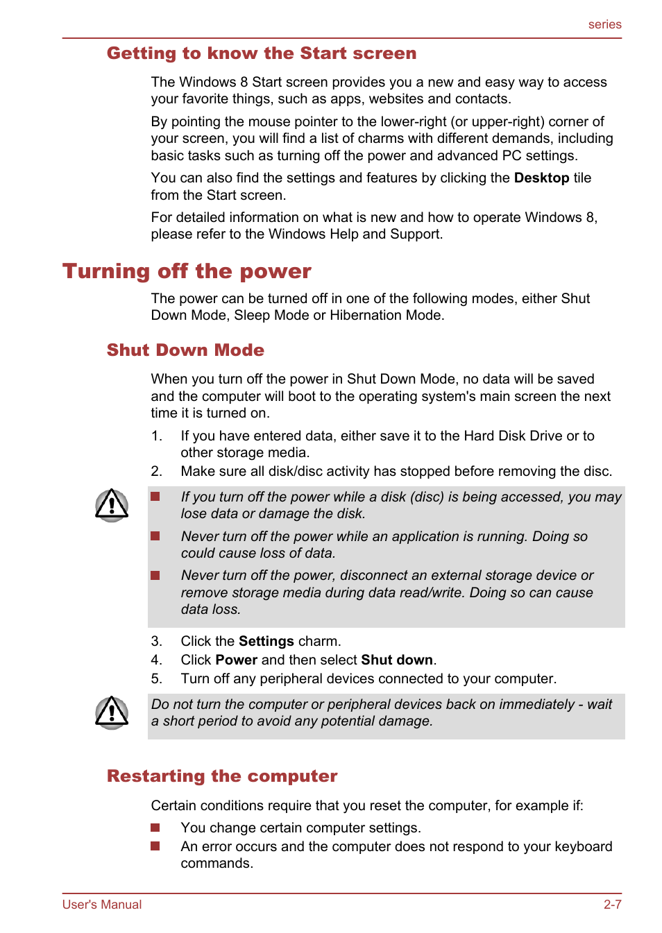 Getting to know the start screen, Turning off the power, Shut down mode | Restarting the computer, Turning off the power -7 | Toshiba Satellite L955D User Manual | Page 35 / 142