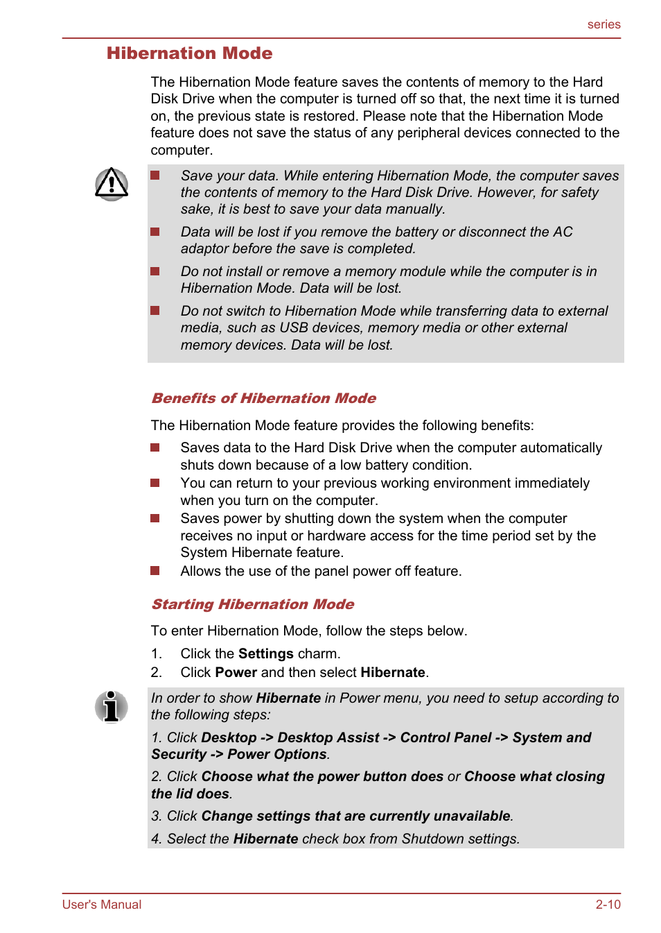 Hibernation mode | Toshiba Satellite L955D User Manual | Page 38 / 142