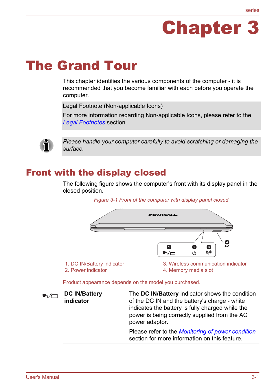 Chapter 3 the grand tour, Front with the display closed, Chapter 3 | The grand tour, Front with the display closed -1 | Toshiba Satellite L955D User Manual | Page 40 / 142