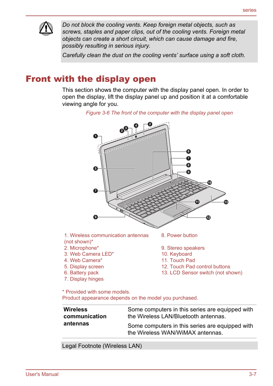 Front with the display open, Front with the display open -7 | Toshiba Satellite L955D User Manual | Page 46 / 142