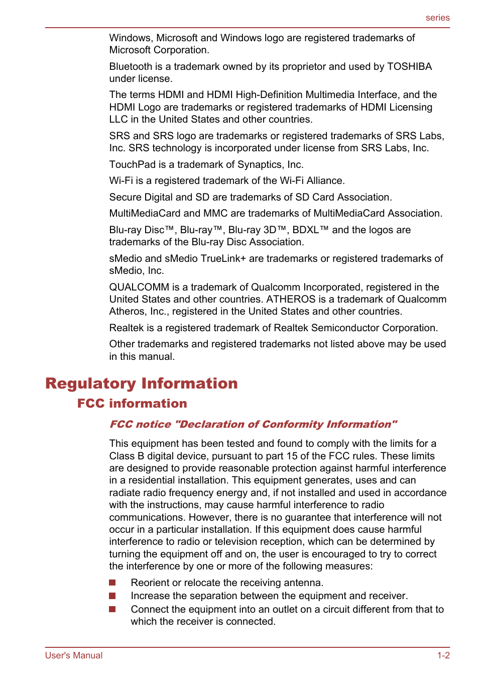 Regulatory information, Fcc information, Regulatory information -2 | Toshiba Satellite L955D User Manual | Page 5 / 142