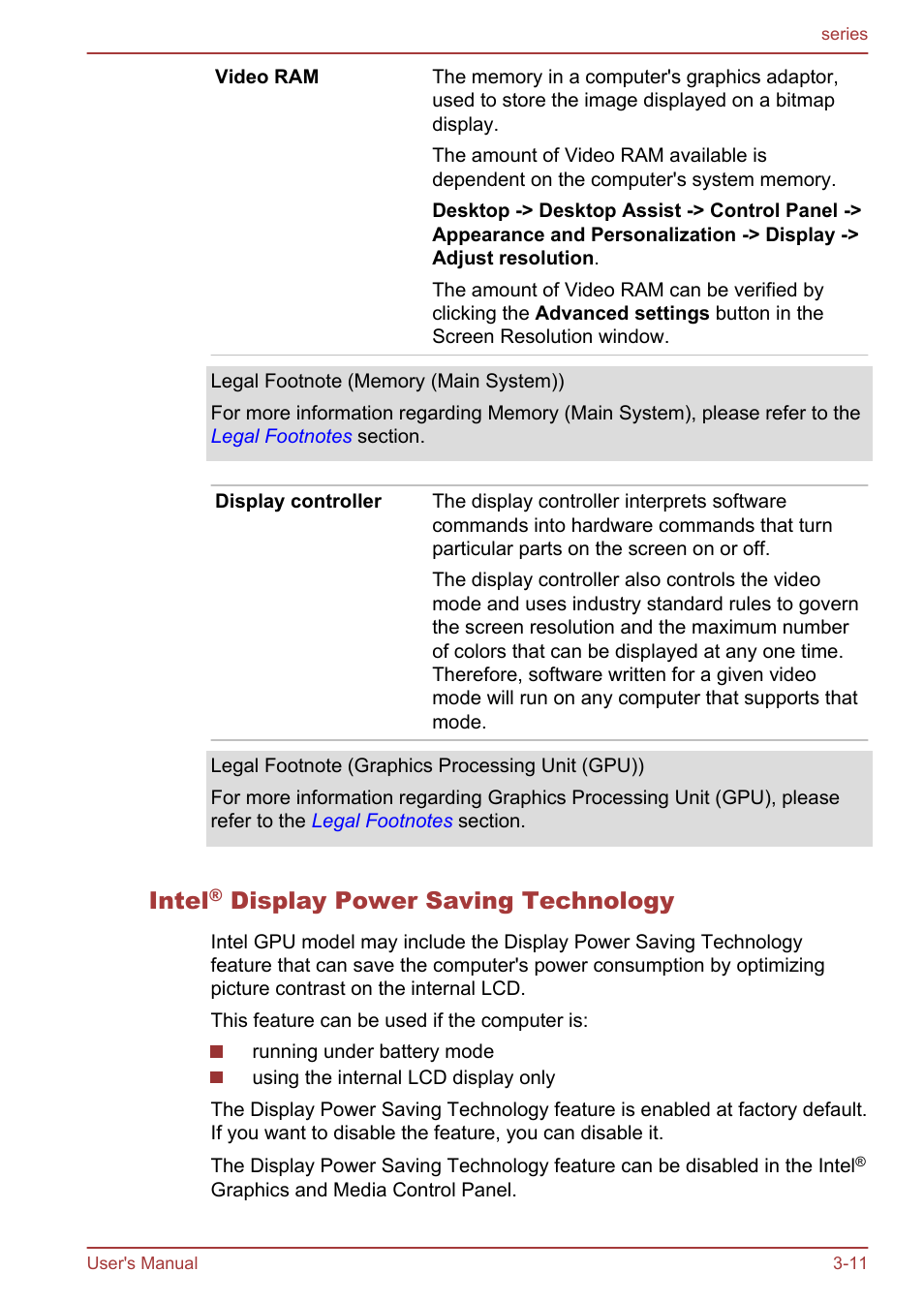 Intel® display power saving technology, Intel, Display power saving technology | Toshiba Satellite L955D User Manual | Page 50 / 142