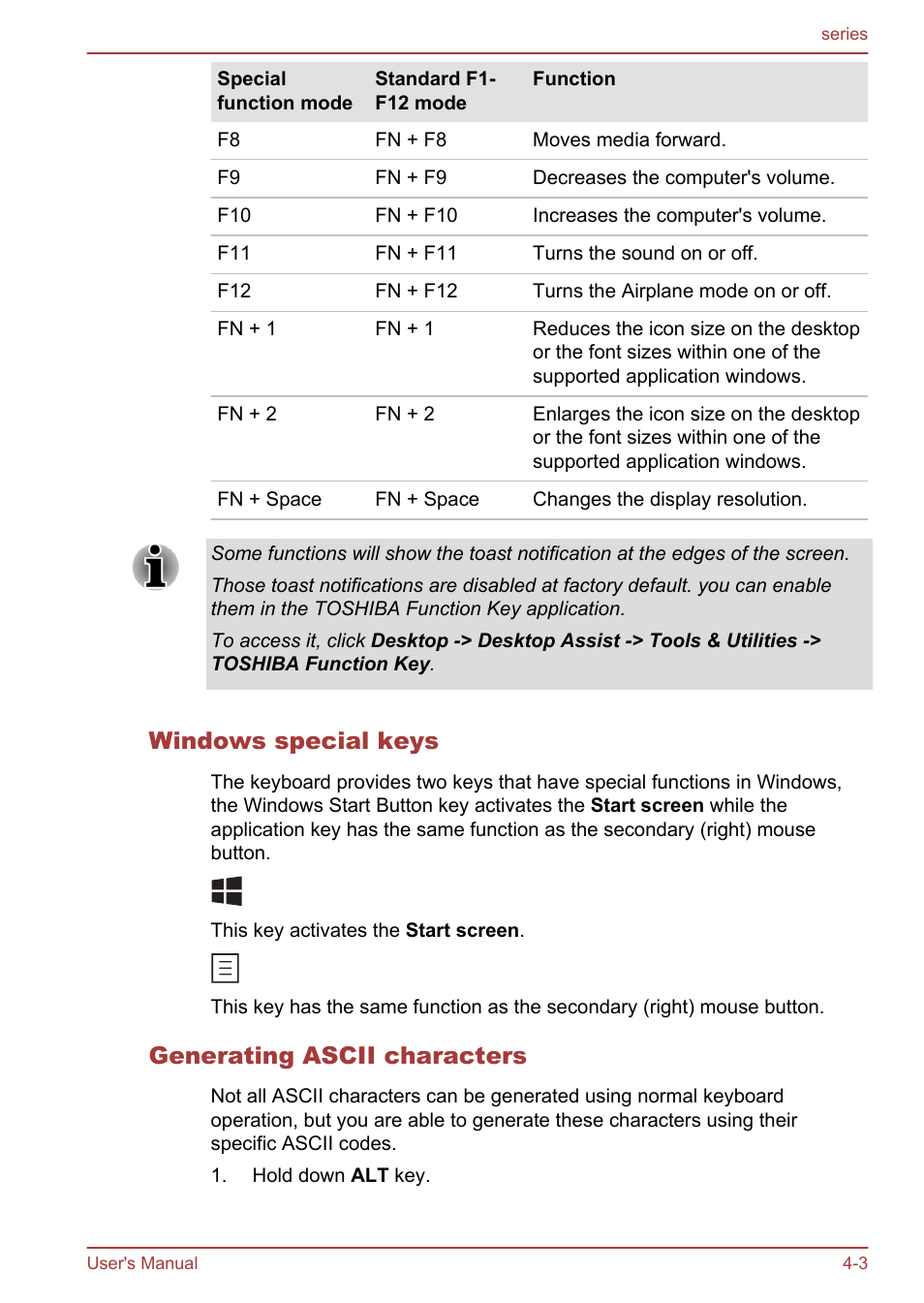 Windows special keys, Generating ascii characters | Toshiba Satellite L955D User Manual | Page 59 / 142