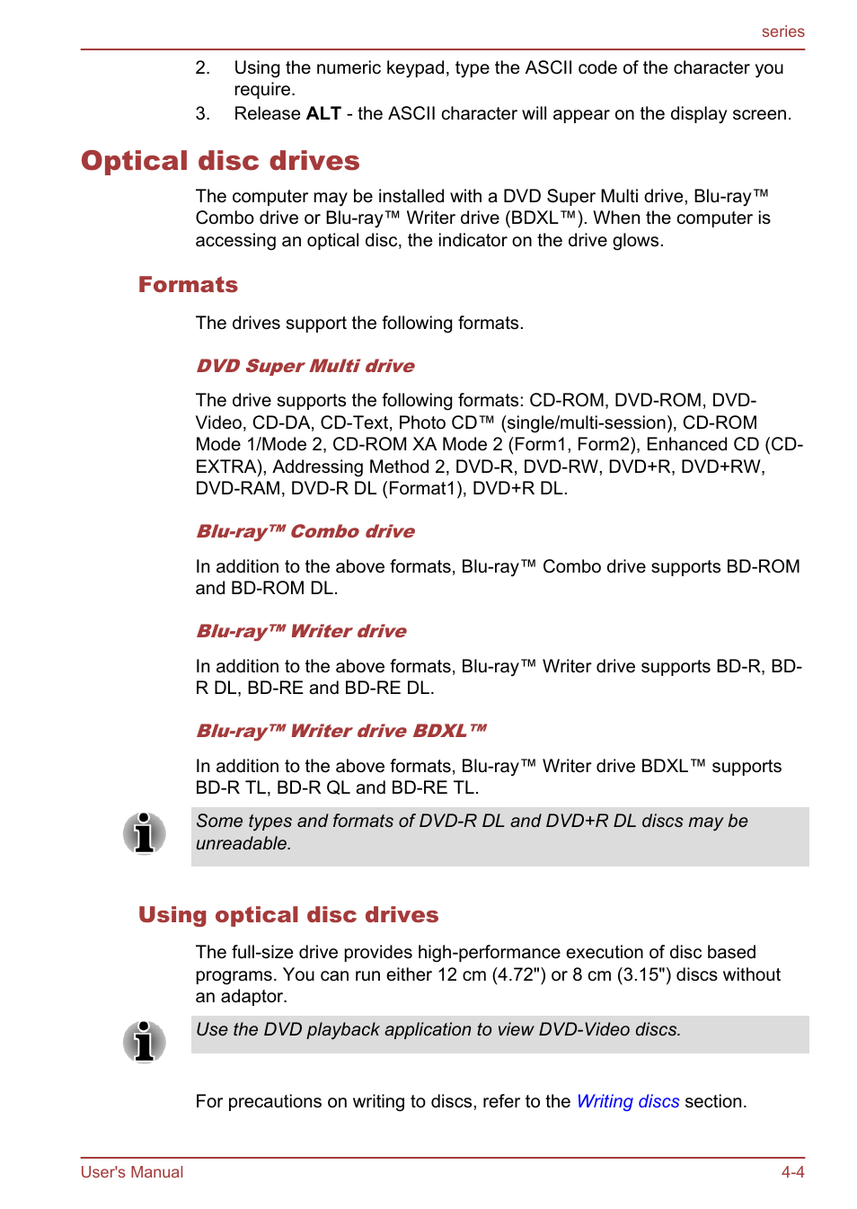 Optical disc drives, Formats, Using optical disc drives | Optical disc drives -4 | Toshiba Satellite L955D User Manual | Page 60 / 142