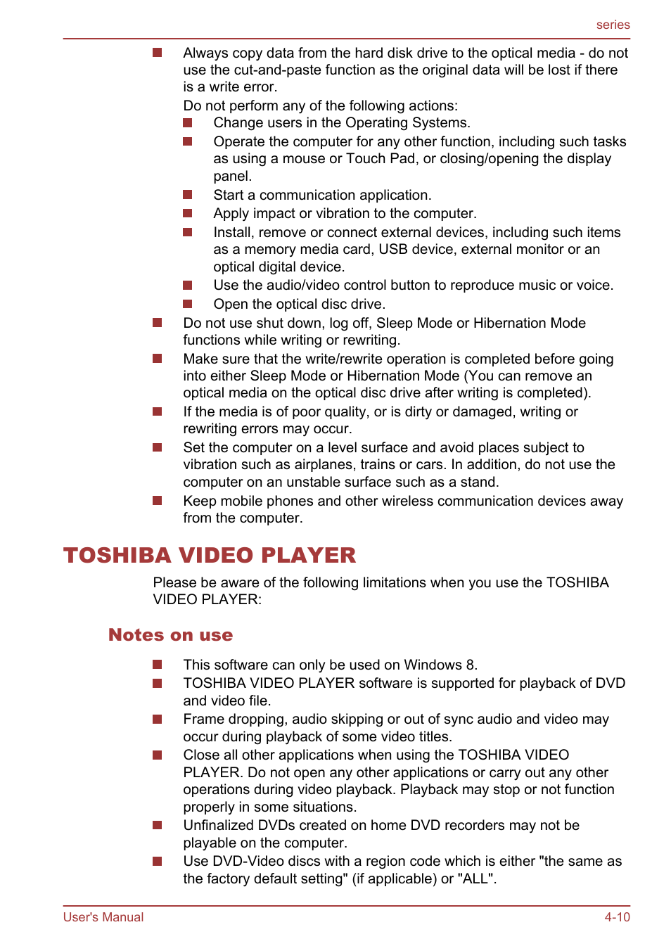 Toshiba video player, Notes on use, Toshiba video player -10 | Toshiba Satellite L955D User Manual | Page 66 / 142
