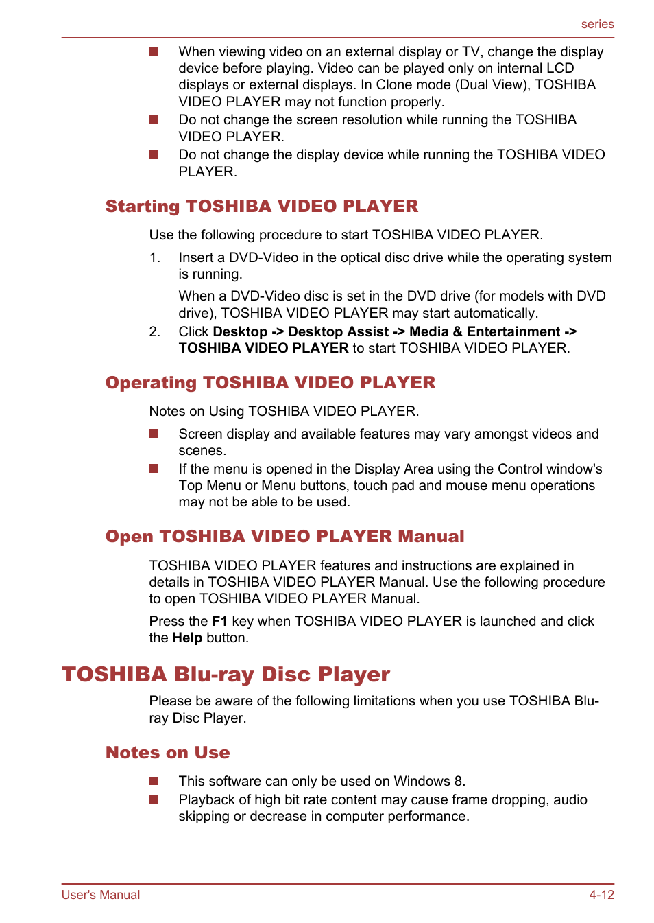 Starting toshiba video player, Operating toshiba video player, Open toshiba video player manual | Toshiba blu-ray disc player, Notes on use, Toshiba blu-ray disc player -12 | Toshiba Satellite L955D User Manual | Page 68 / 142