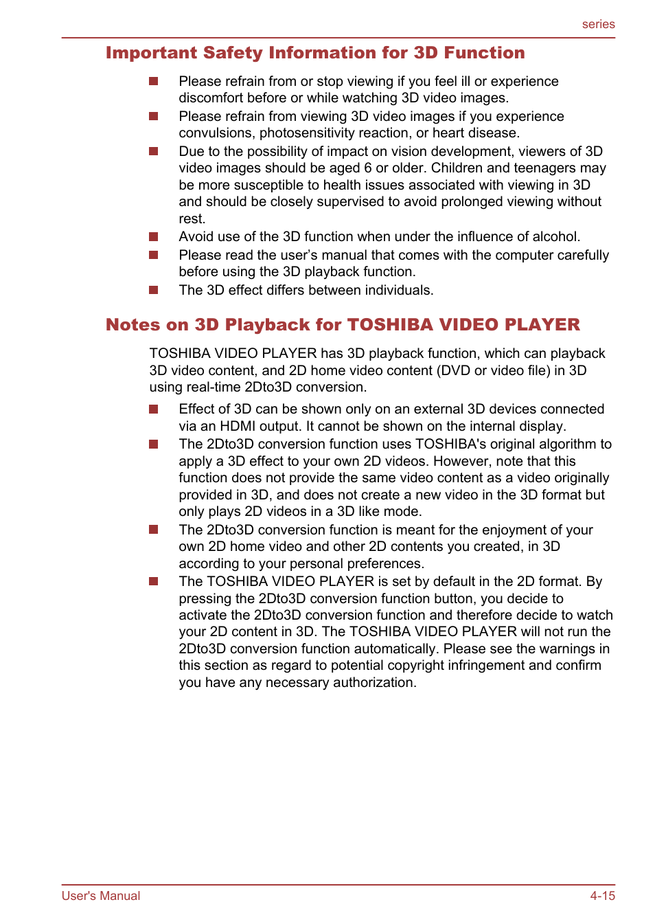 Important safety information for 3d function, Notes on 3d playback for toshiba video player | Toshiba Satellite L955D User Manual | Page 71 / 142