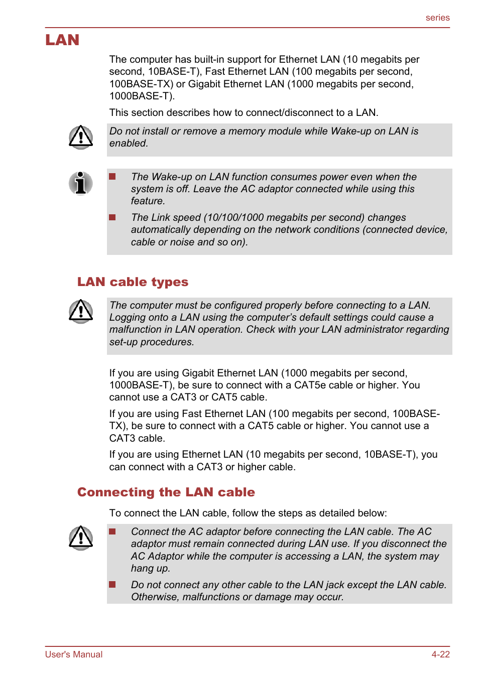 Lan cable types, Connecting the lan cable, Lan -22 | Toshiba Satellite L955D User Manual | Page 78 / 142