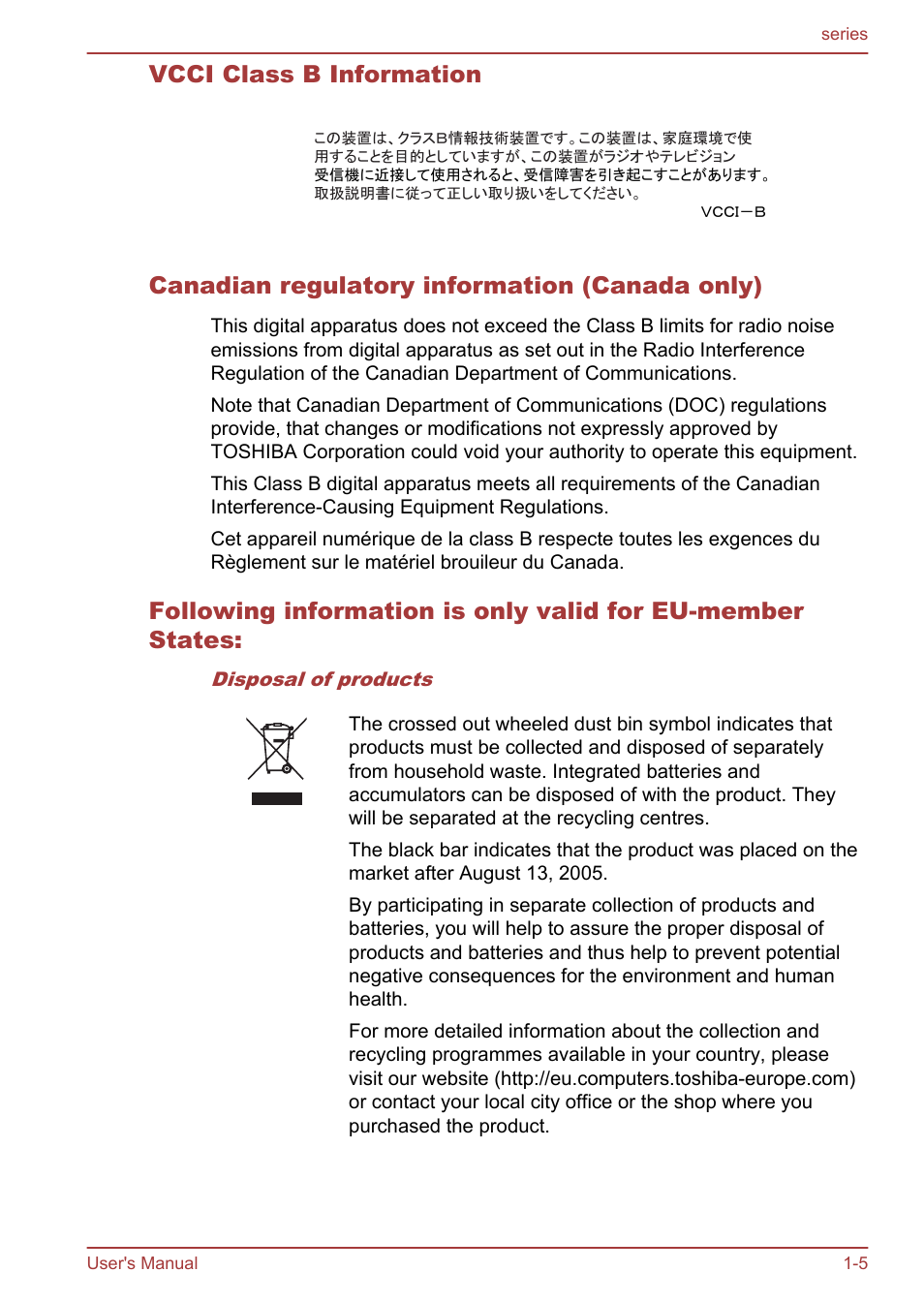 Vcci class b information, Canadian regulatory information (canada only) | Toshiba Satellite L955D User Manual | Page 8 / 142