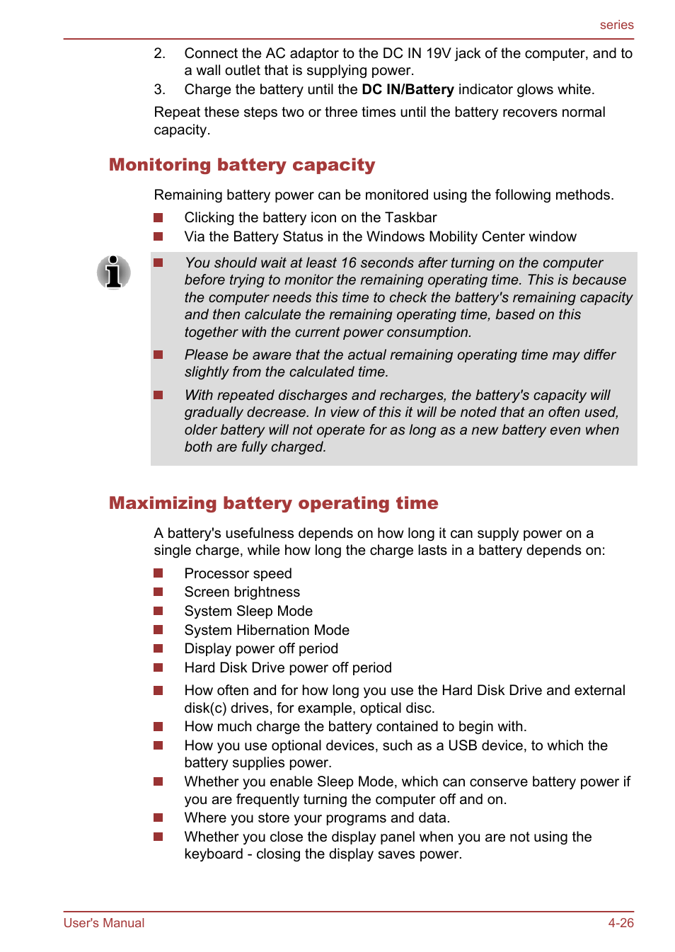 Monitoring battery capacity, Maximizing battery operating time | Toshiba Satellite L955D User Manual | Page 82 / 142