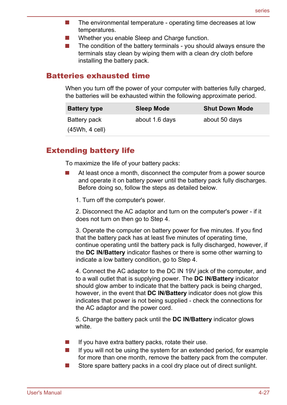 Batteries exhausted time, Extending battery life | Toshiba Satellite L955D User Manual | Page 83 / 142