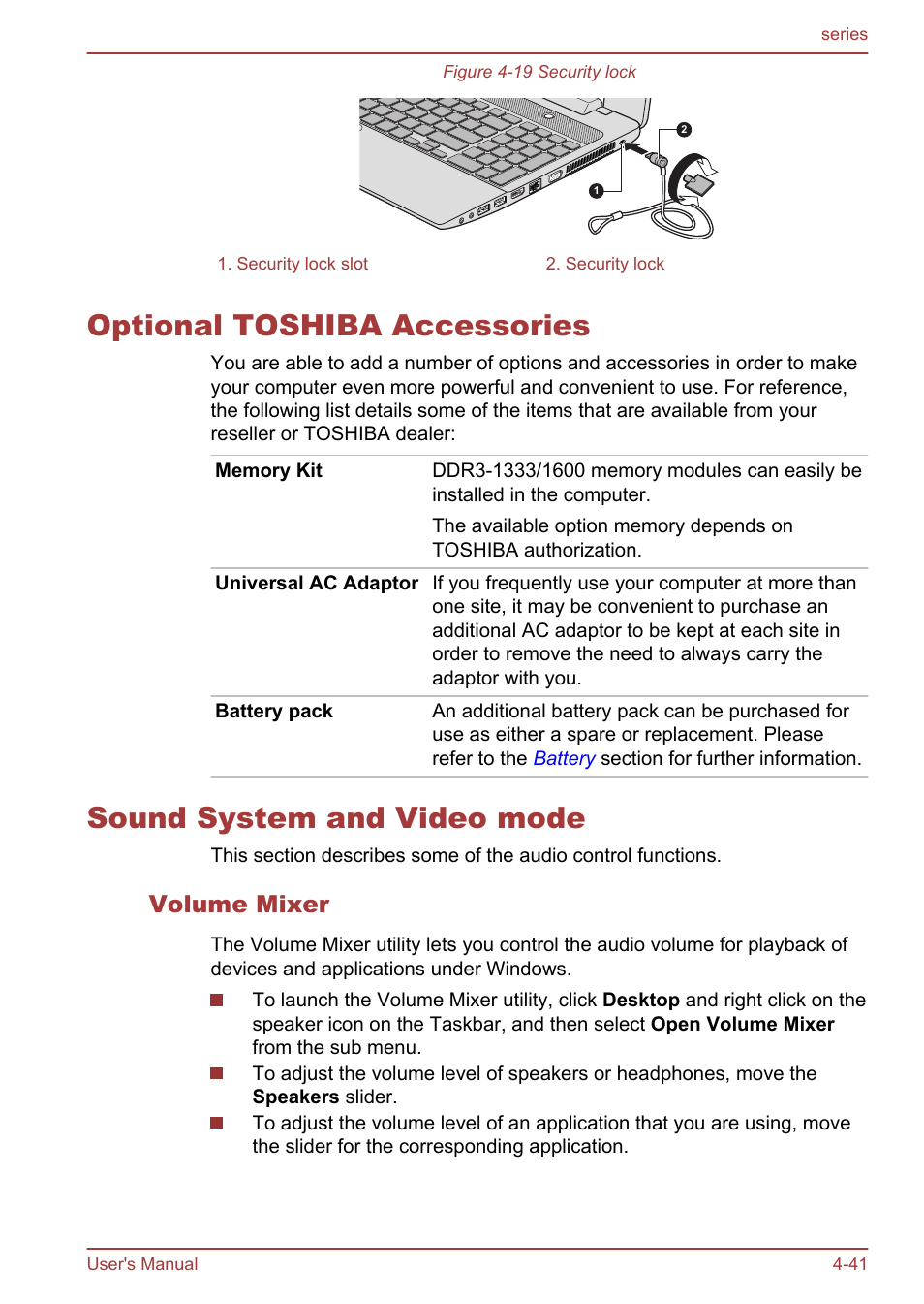 Optional toshiba accessories, Sound system and video mode, Volume mixer | To the | Toshiba Satellite L955D User Manual | Page 97 / 142