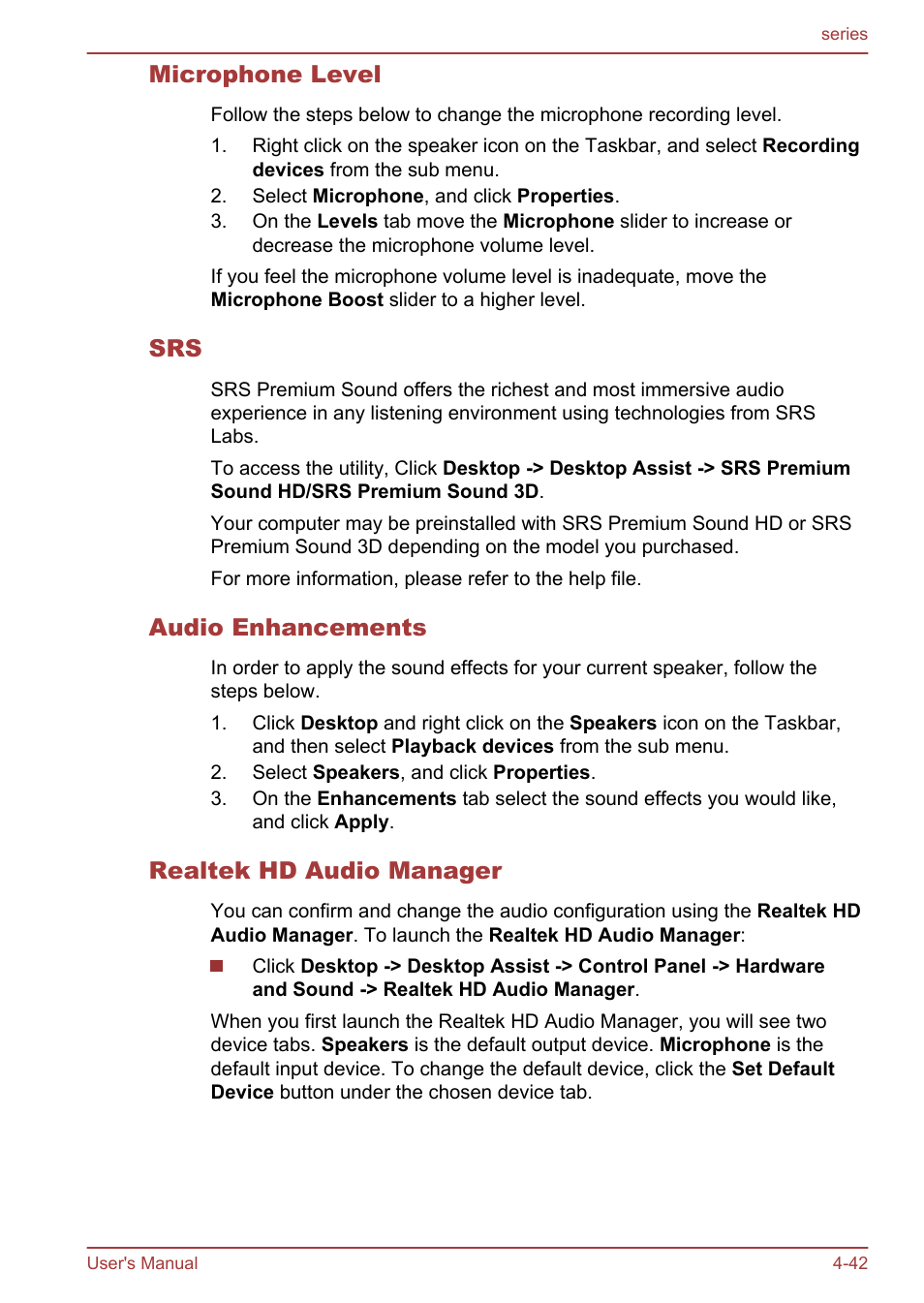Microphone level, Audio enhancements, Realtek hd audio manager | Toshiba Satellite L955D User Manual | Page 98 / 142