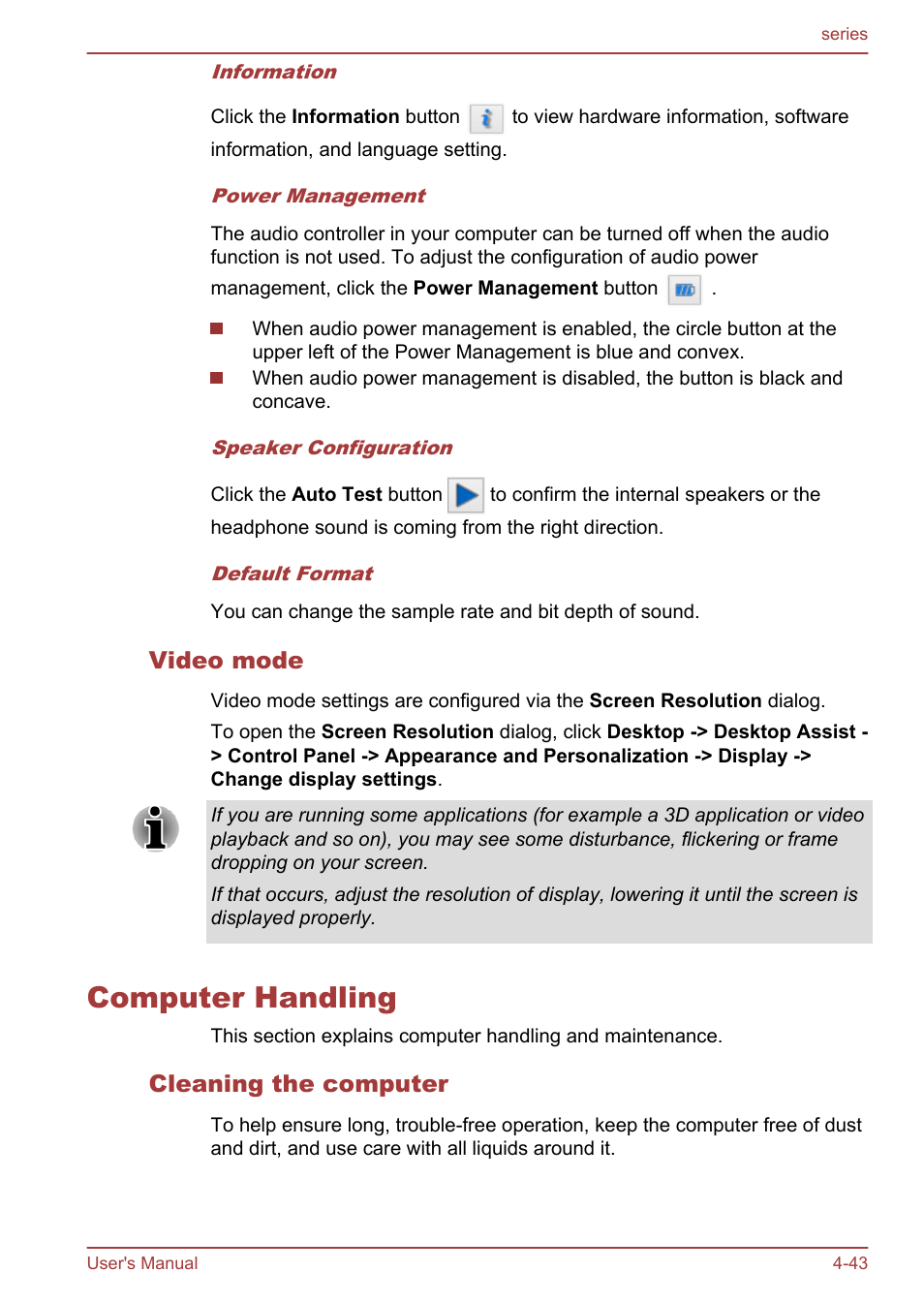 Video mode, Computer handling, Cleaning the computer | Computer handling -43 | Toshiba Satellite L955D User Manual | Page 99 / 142
