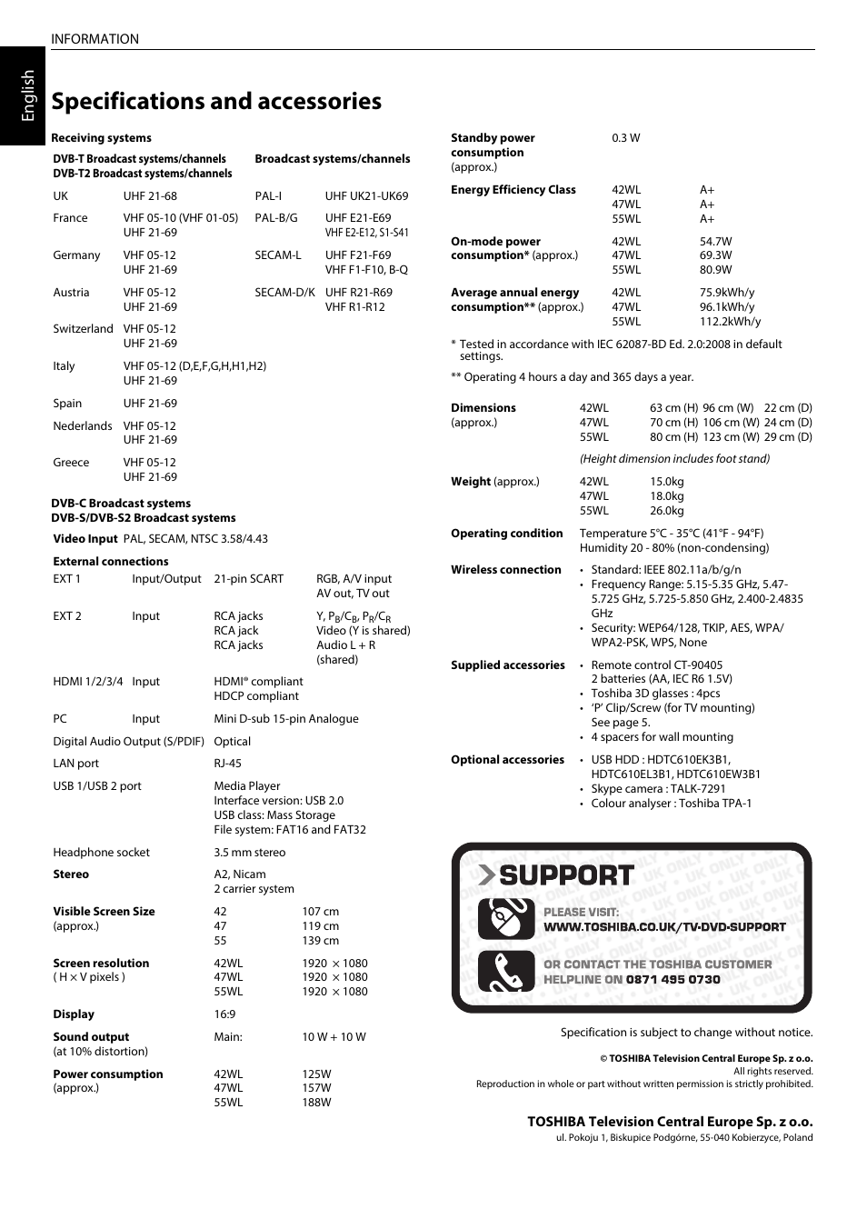 Specifications and accessories, En glis h | Toshiba WL968 User Manual | Page 100 / 100