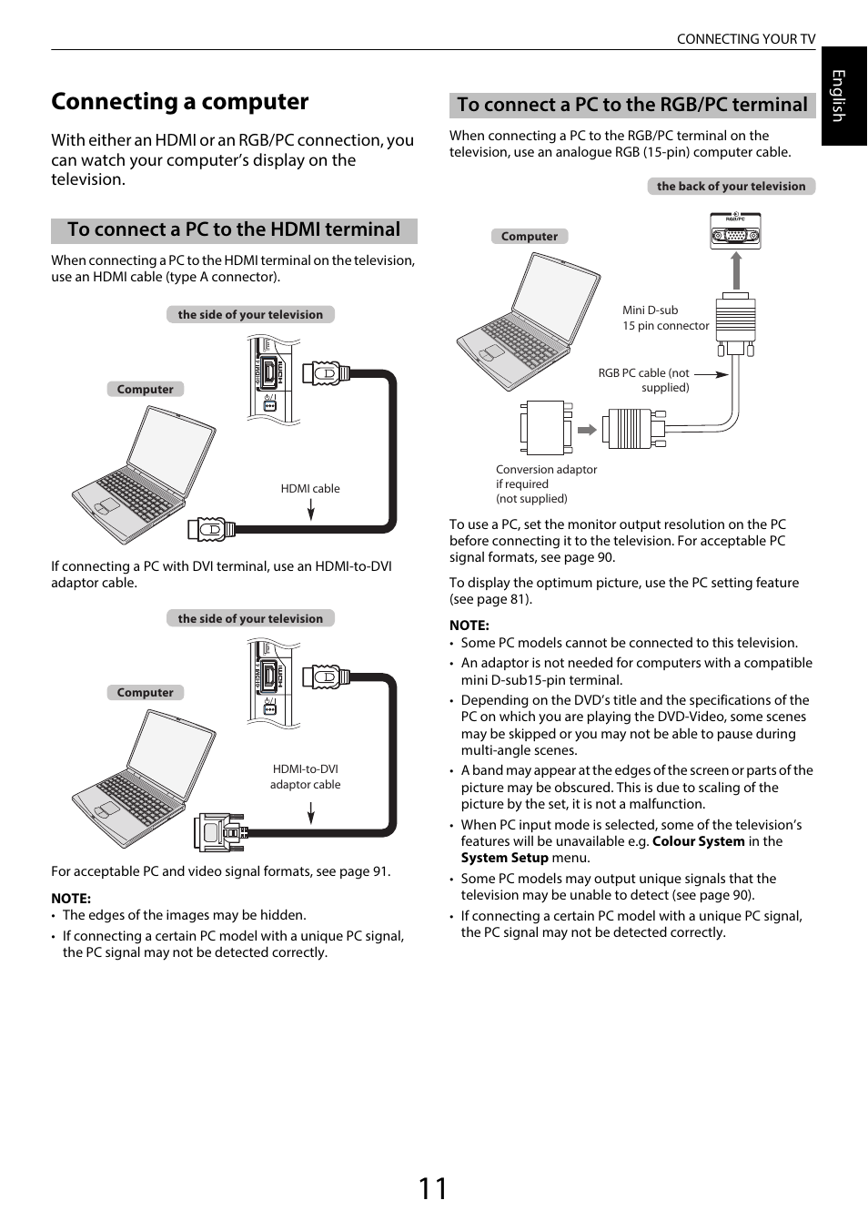 Connecting a computer, To connect a pc to the hdmi terminal, To connect a pc to the rgb/pc terminal | Toshiba WL968 User Manual | Page 11 / 100