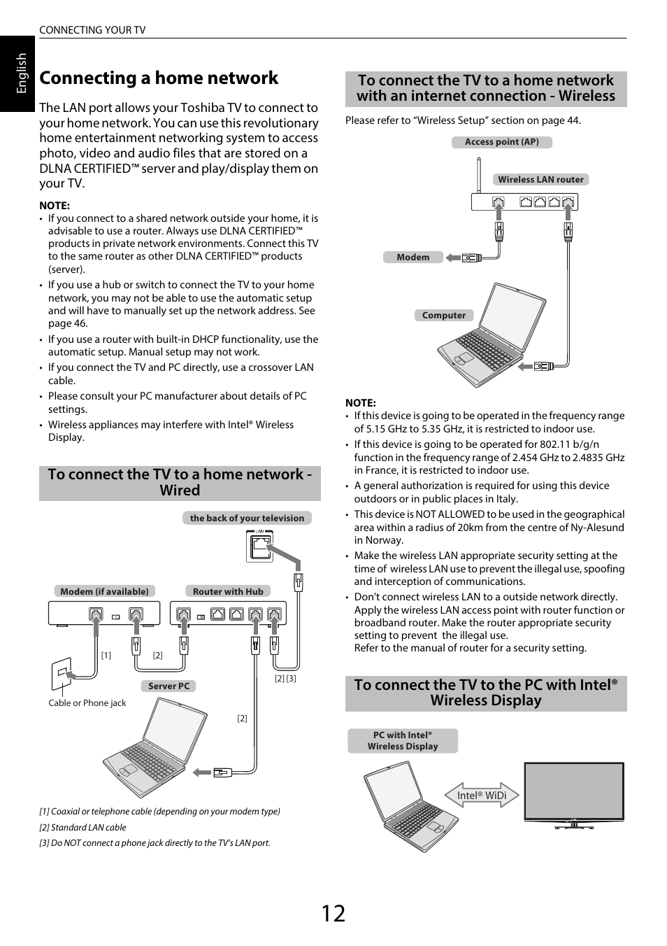 Connecting a home network, To connect the tv to a home network - wired, Internet connection - wireless | To connect the tv to the pc with, Intel® wireless display | Toshiba WL968 User Manual | Page 12 / 100