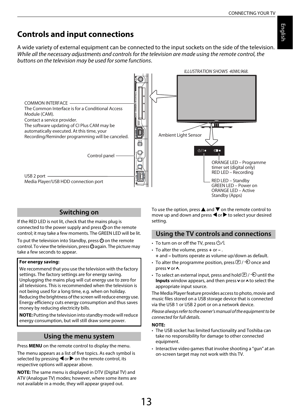 Controls and input connections, Switching on, Using the menu system | Using the tv controls and connections | Toshiba WL968 User Manual | Page 13 / 100