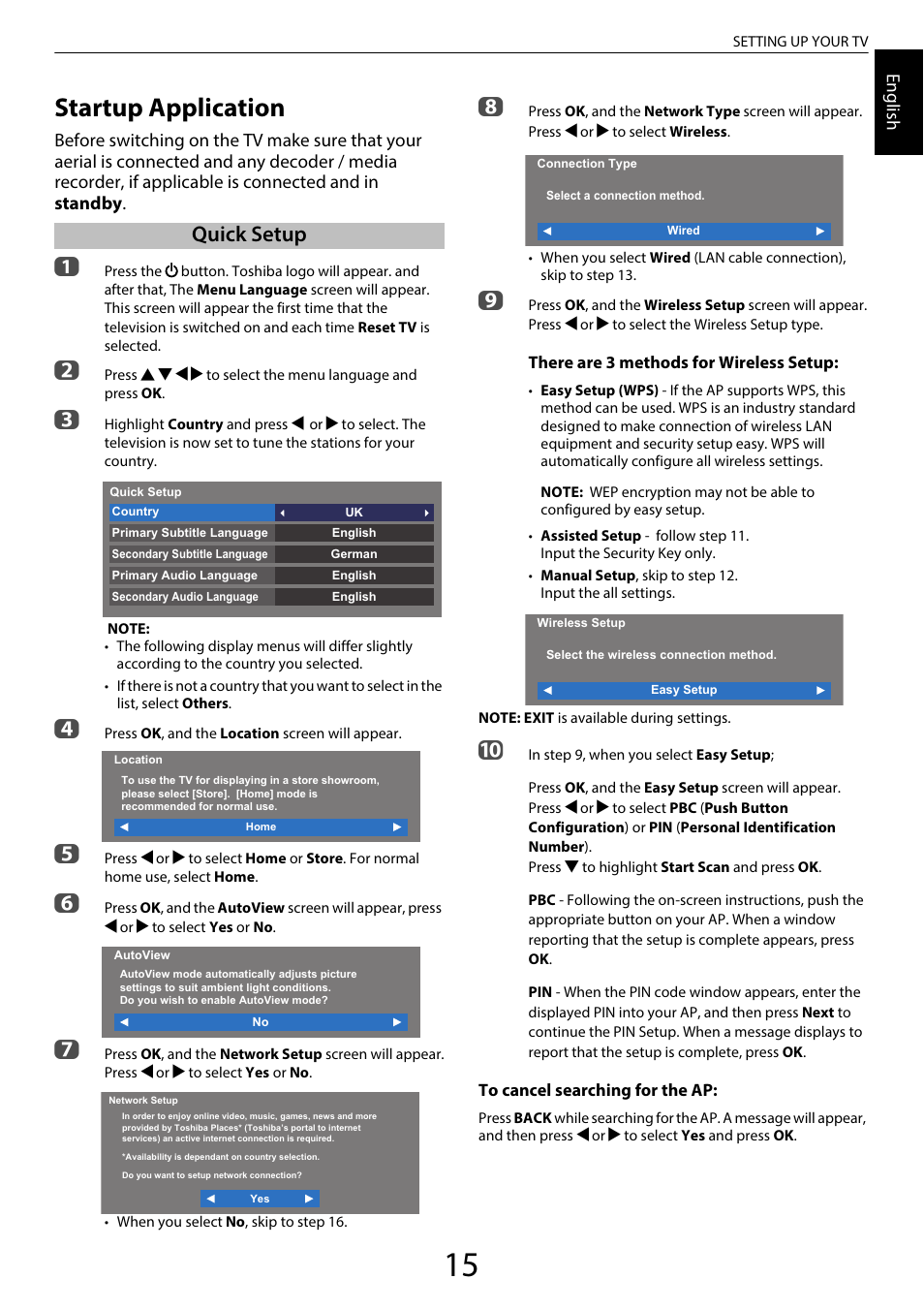 Setting up your tv, Startup application, Quick setup | Toshiba WL968 User Manual | Page 15 / 100