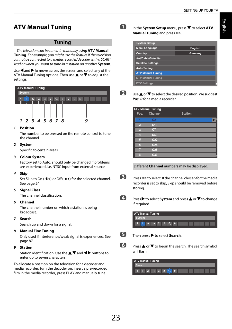 Atv manual tuning, Tuning, Engl ish | Toshiba WL968 User Manual | Page 23 / 100