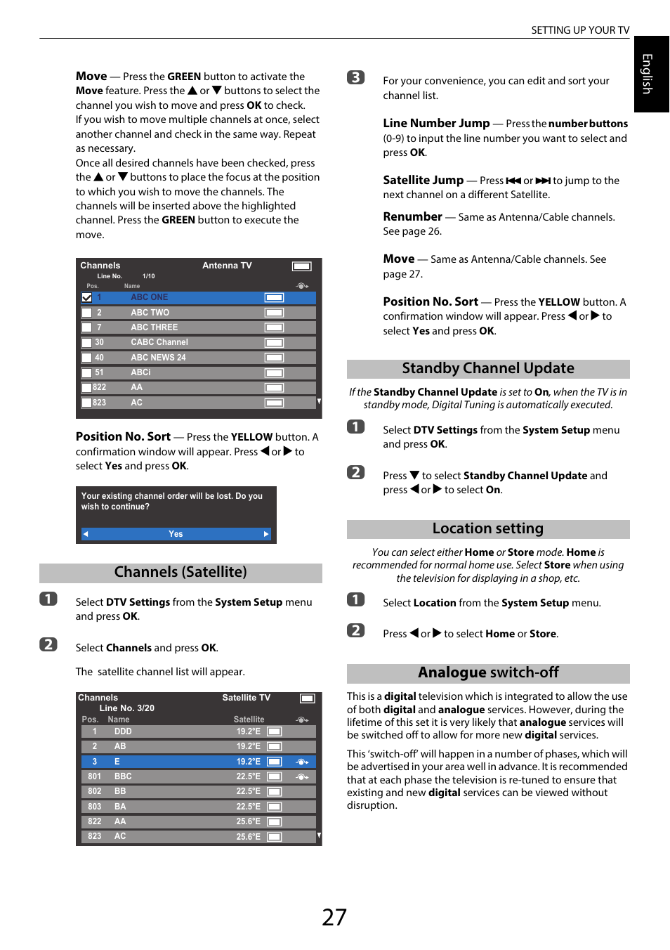 Channels (satellite), Standby channel update, Location setting | Analogue switch-off, Engl ish | Toshiba WL968 User Manual | Page 27 / 100