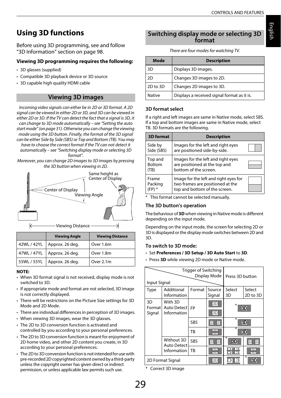 Using 3d functions, Viewing 3d images, Switching display mode or selecting 3d format | Engl ish | Toshiba WL968 User Manual | Page 29 / 100