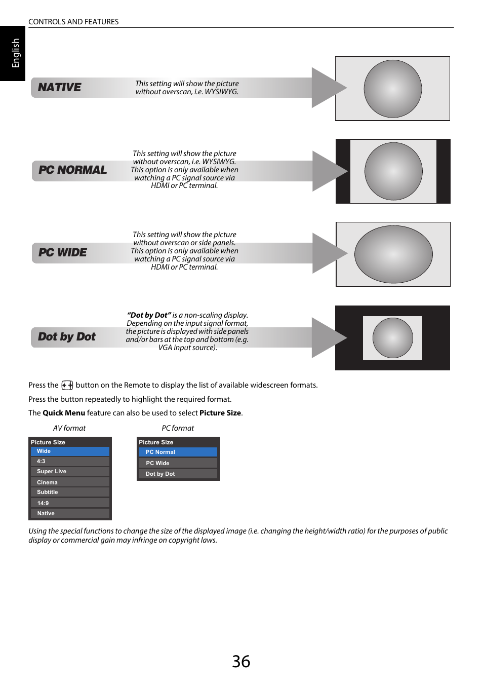 Dot by dot pc normal, Pc wide, Native | En glis h | Toshiba WL968 User Manual | Page 36 / 100