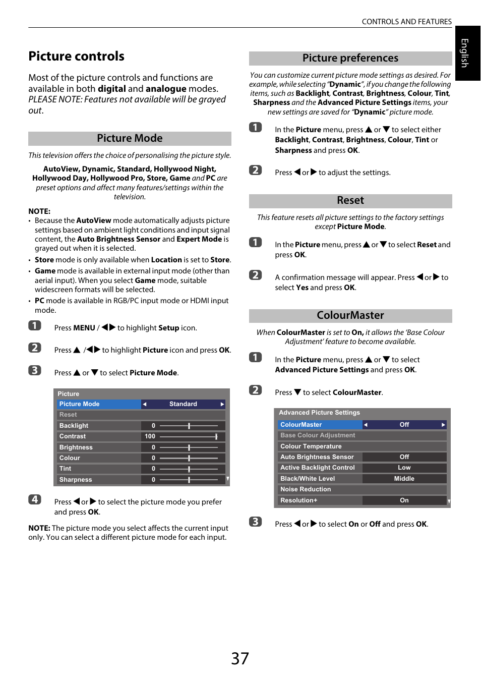 Picture controls, Picture mode, Picture preferences | Reset, Colourmaster, Picture preferences reset colourmaster | Toshiba WL968 User Manual | Page 37 / 100