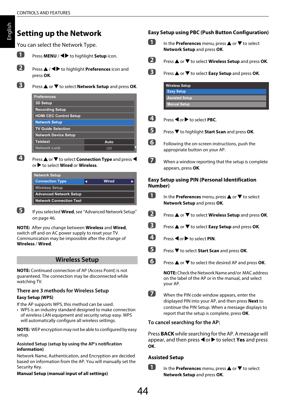 Setting up the network, Wireless setup | Toshiba WL968 User Manual | Page 44 / 100