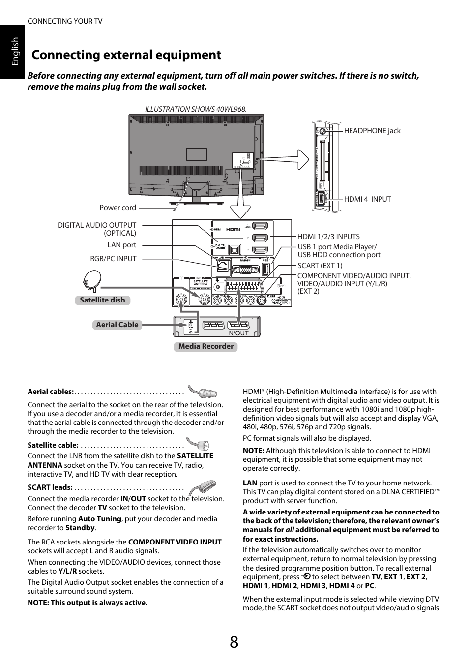 Connecting your tv, Connecting external equipment | Toshiba WL968 User Manual | Page 8 / 100