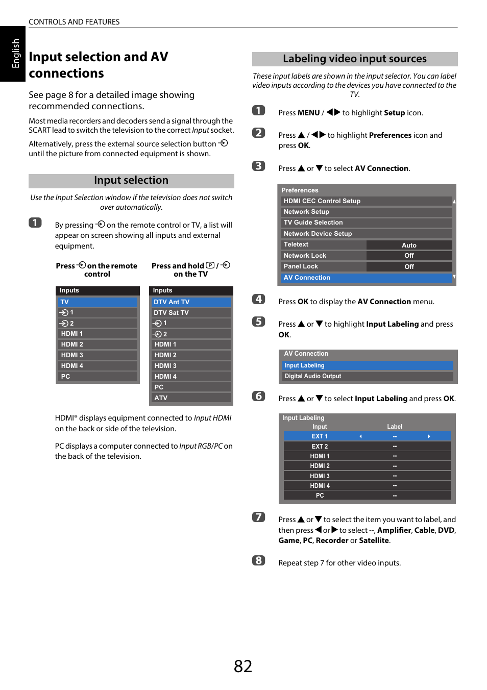 Input selection and av connections, Input selection, Labeling video input sources | Input selection labeling video input sources, En glis h | Toshiba WL968 User Manual | Page 82 / 100