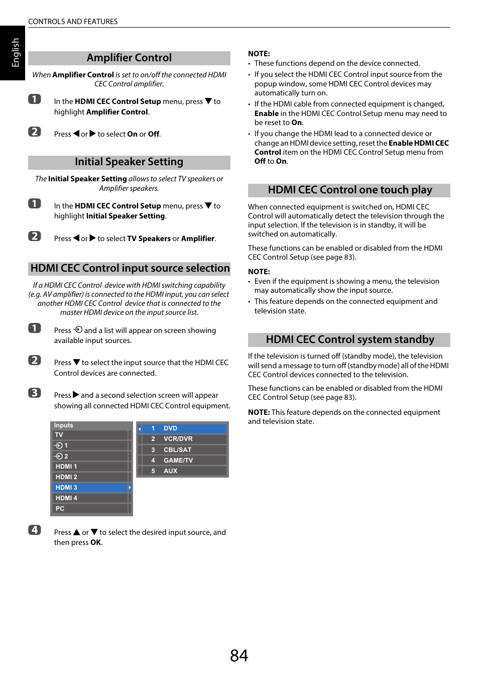 Amplifier control, Initial speaker setting, Hdmi cec control input source selection | Hdmi cec control one touch play, Hdmi cec control system standby, Ge 84 | Toshiba WL968 User Manual | Page 84 / 100