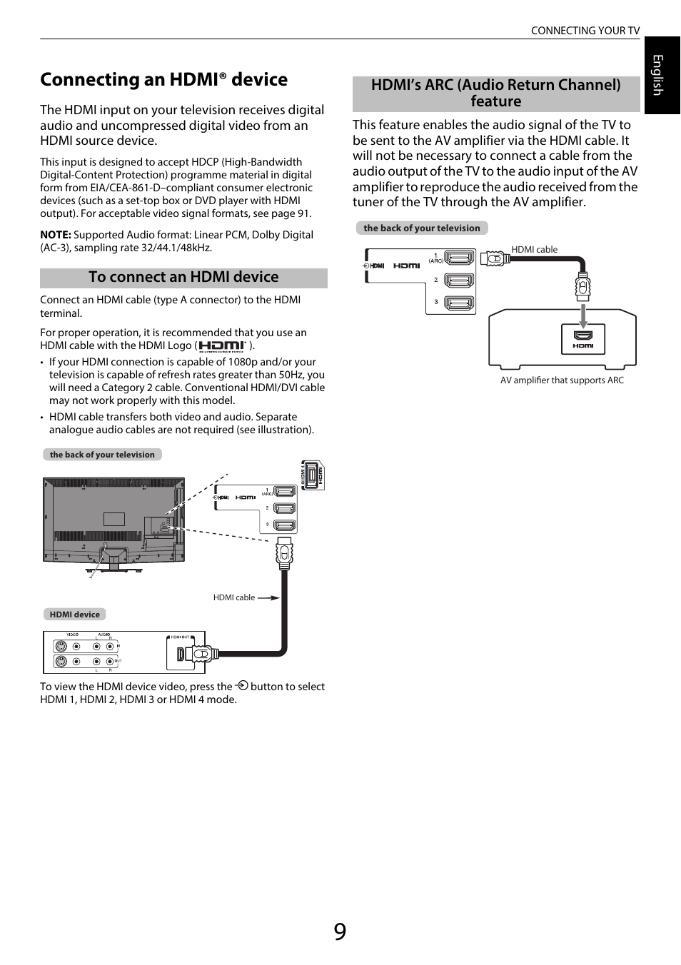 Connecting an hdmi® device, To connect an hdmi device, Hdmi’s arc (audio return channel) feature | Toshiba WL968 User Manual | Page 9 / 100