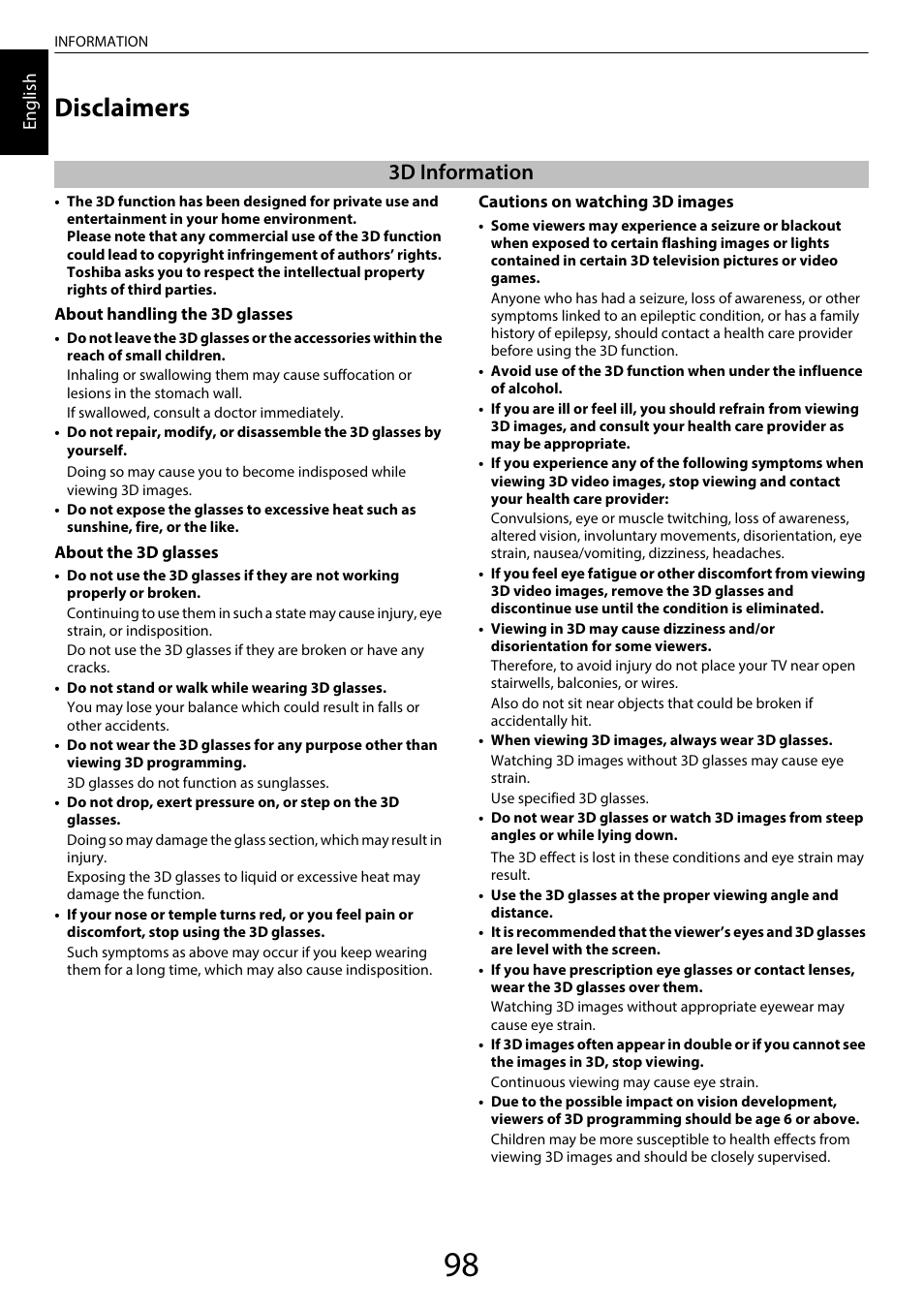 Disclaimers, 3d information” sec, 3d information | Toshiba WL968 User Manual | Page 98 / 100