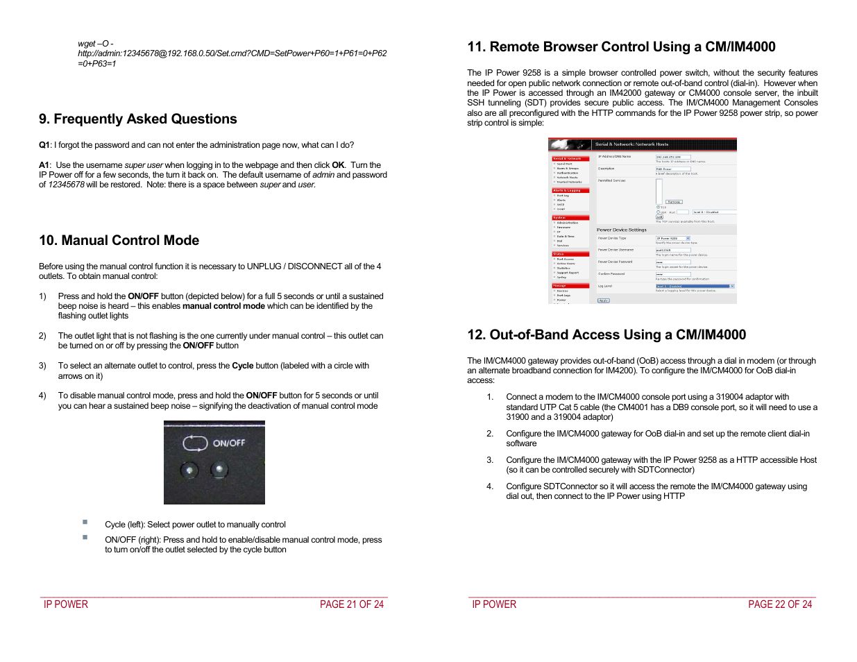 Frequently asked questions, Manual control mode, Remote browser control using a cm/im4000 | Out-of-band access using a cm/im4000 | Addtron Technology IP Power 9258 User Manual | Page 11 / 12
