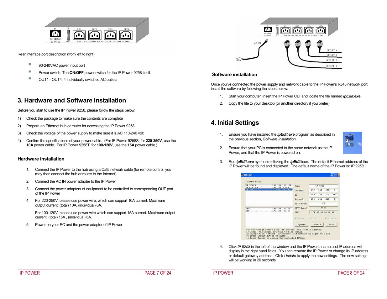 Hardware and software installation, Initial settings | Addtron Technology IP Power 9258 User Manual | Page 4 / 12