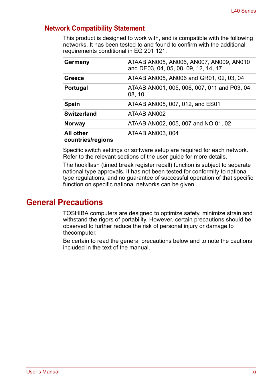 General precautions, Network compatibility statement | Toshiba Satellite L40 User Manual | Page 11 / 127