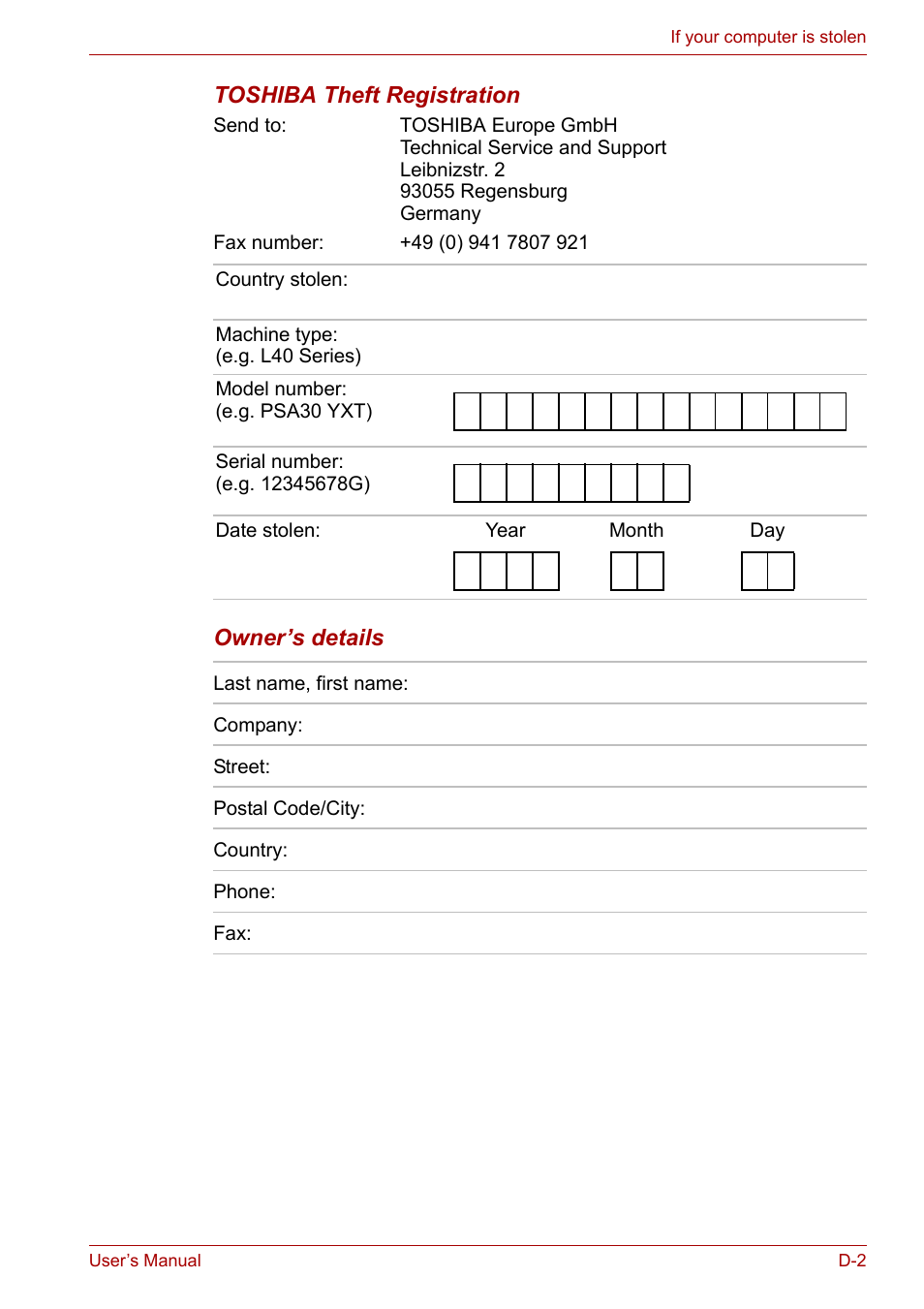 Toshiba theft registration, Owner’s details | Toshiba Satellite L40 User Manual | Page 119 / 127
