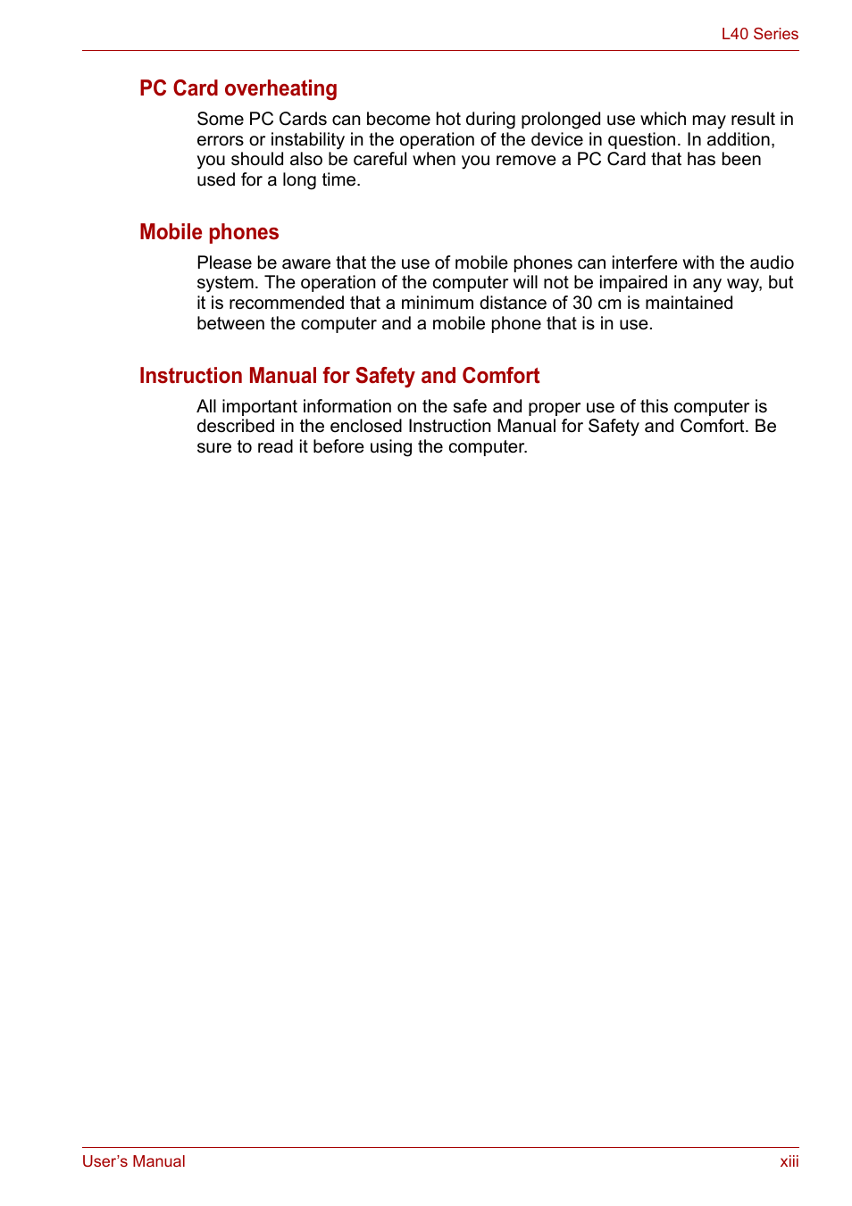 Pc card overheating, Mobile phones, Instruction manual for safety and comfort | Toshiba Satellite L40 User Manual | Page 13 / 127