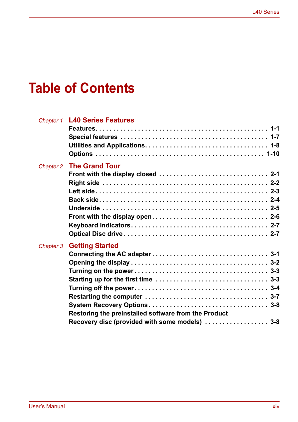 Toshiba Satellite L40 User Manual | Page 14 / 127