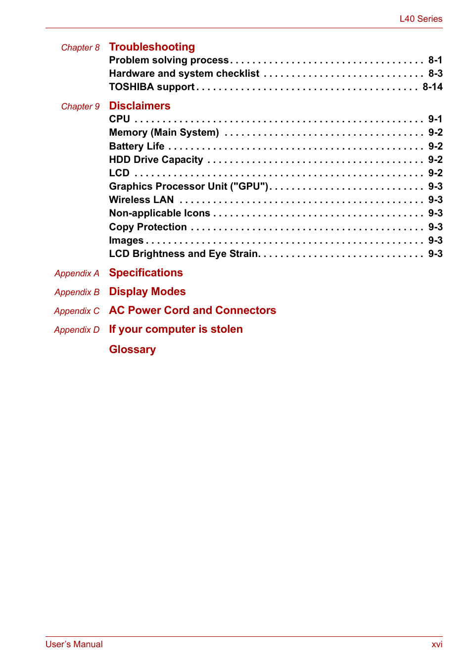 Toshiba Satellite L40 User Manual | Page 16 / 127